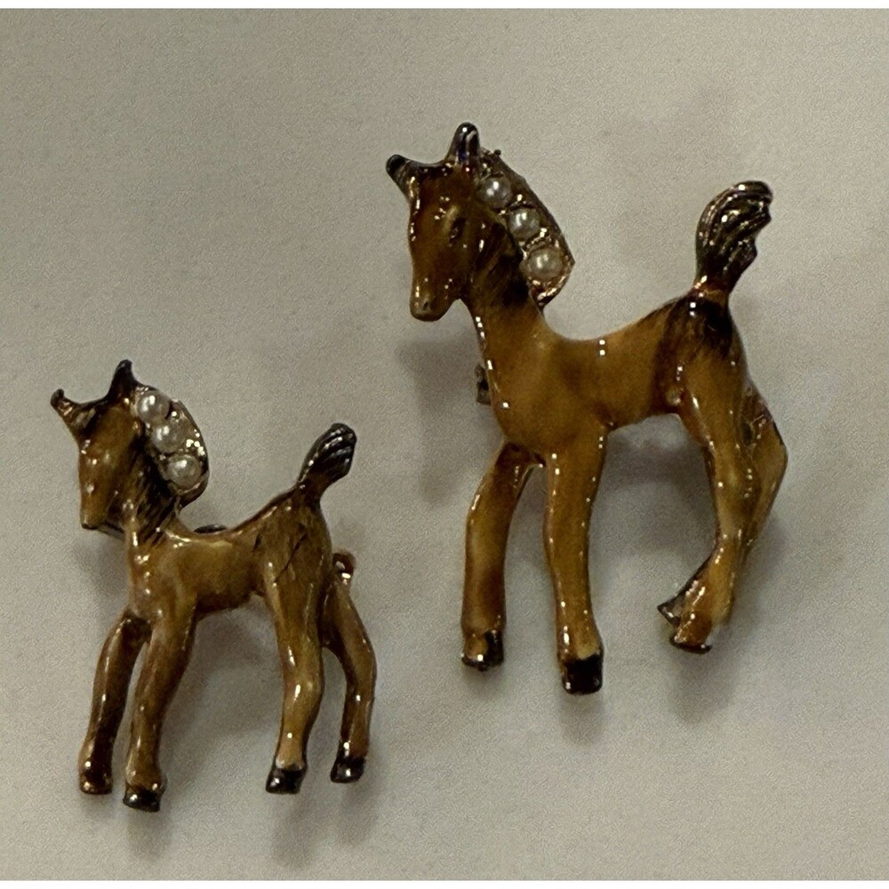 Horses Mare & Colt Pins Brooches, Brown Enamel on Gold Tone Metal